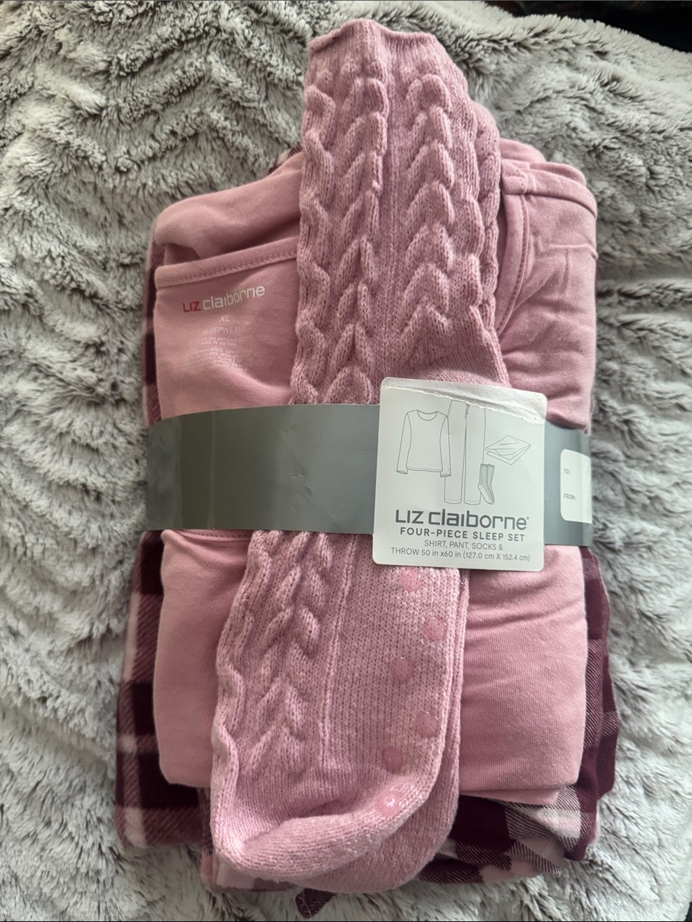 Liz Claiborne Pink Cozy Four-Piece Lounge Set with Cable-Knit Socks